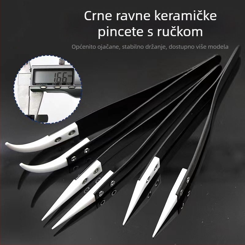 Precizne pincete s keramičkim vrhom i tijelom od nehrđajućeg čelika, antimagnetne, otporne na kiseline, s oštrim savijenim vrhom