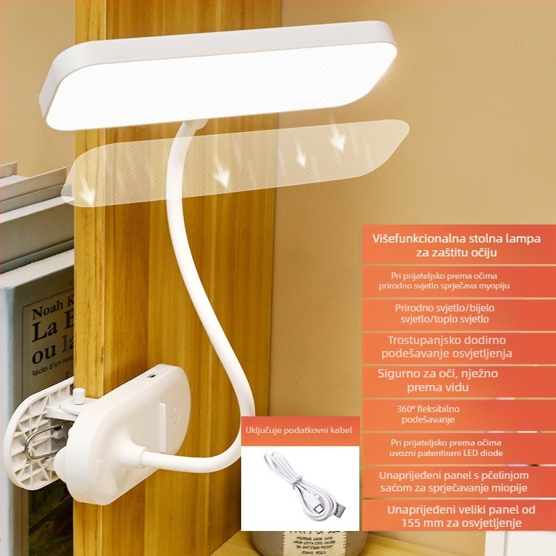 Klip LED stolna lampa sa zaštitom očiju, USB punjiva, ugrađena baterija, dodirno upravljanje, moderan minimalistički dizajn.