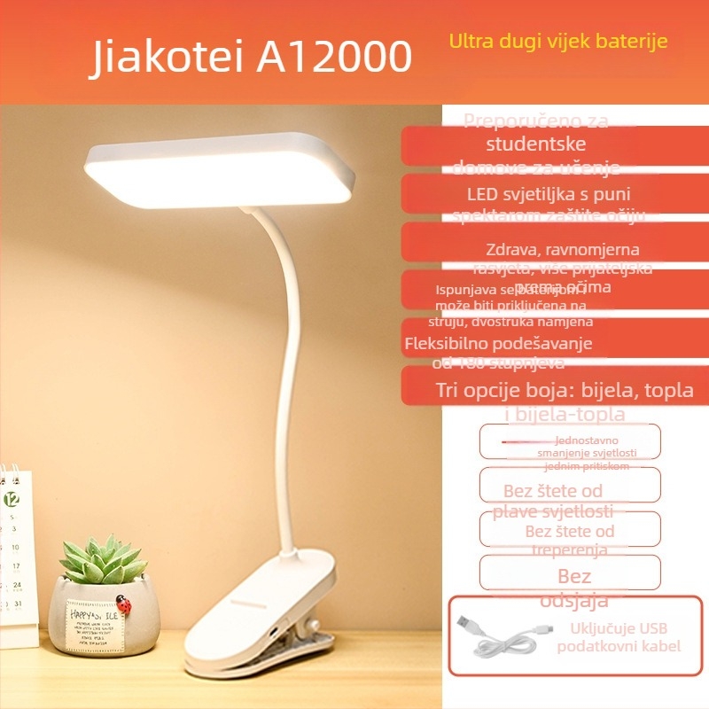 Klip LED stolna lampa sa zaštitom očiju, USB punjiva, ugrađena baterija, dodirno upravljanje, moderan minimalistički dizajn.