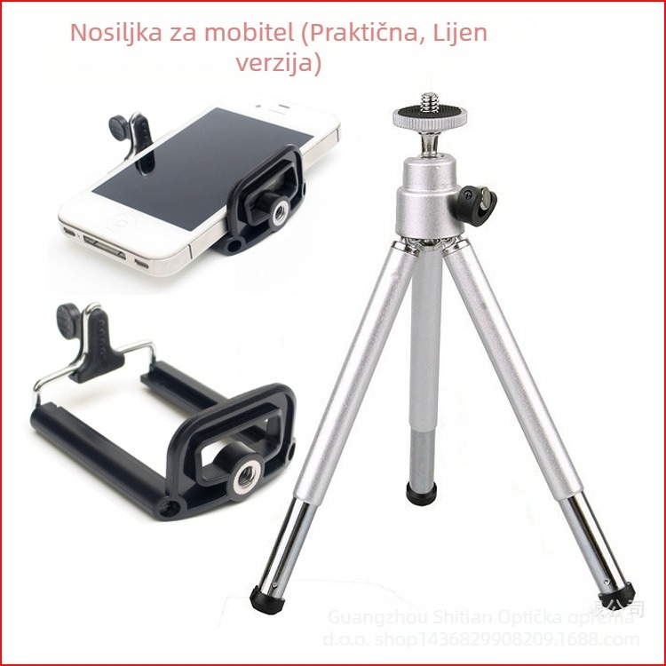 Mini stolni stativ za mobitel, teleskopski, dvije sekcije – aluminijsko-plastična konstrukcija; kompatibilan s telefonima širine 45–85 mm; visina 11–22 cm; nosivost 1