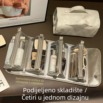 Kozmetička torbica velikog kapaciteta, vodootporna, sklopiva s odvojivom pregradom, PU materijal, za putovanja
