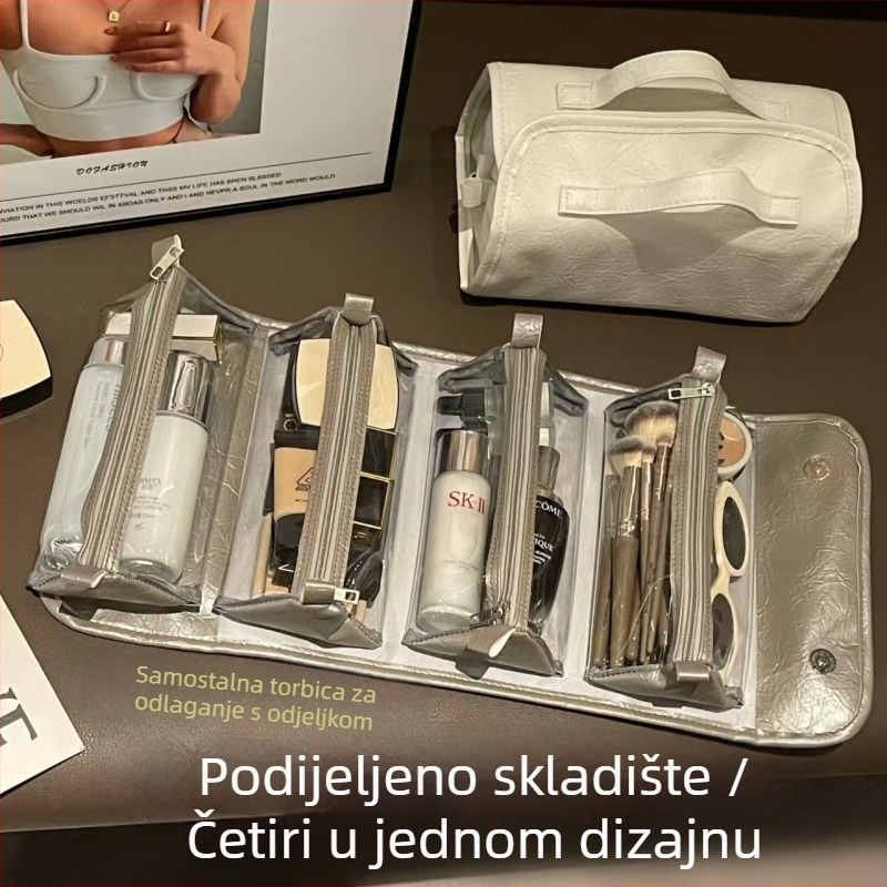 Kozmetička torbica velikog kapaciteta, vodootporna, sklopiva s odvojivom pregradom, PU materijal, za putovanja