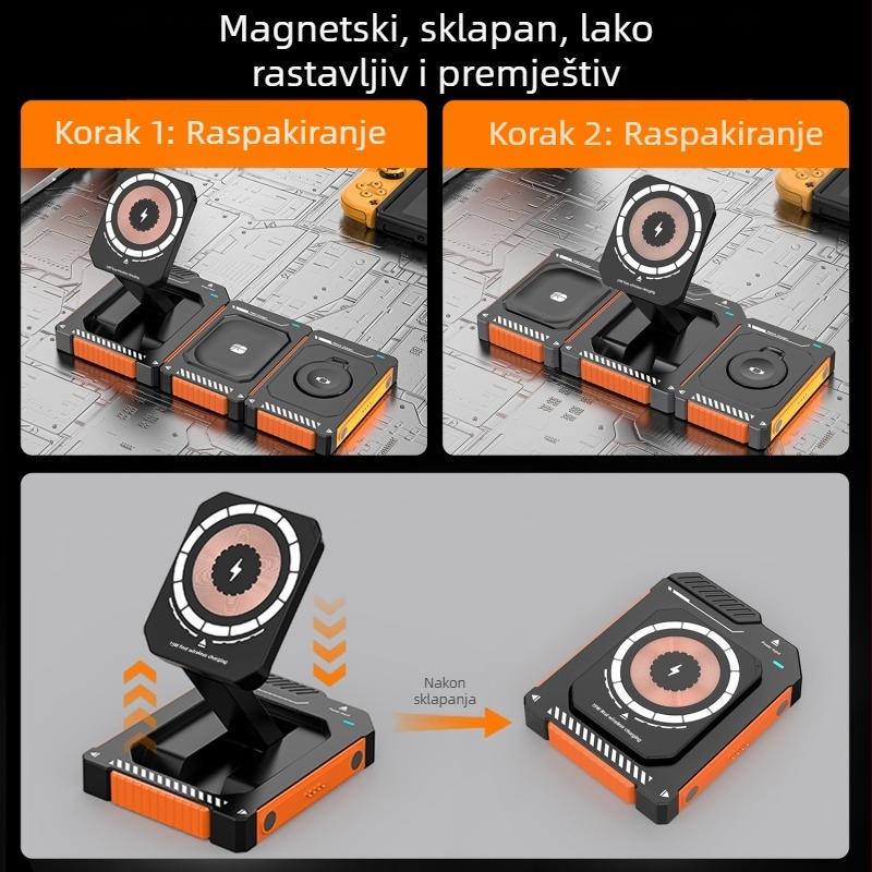 Magnetski bežični punjač 15W sa sklopivim 3-u-1 držačem za telefon, kompatibilan s iPhone 15/16