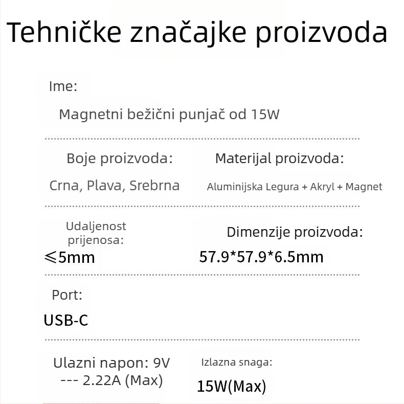 Curry Nari magnetski bežični punjač za iPhone – 15W MagSafe, PD brzo punjenje, ukupna snaga 18W