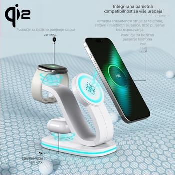 Qi2 magnetsko bežično punjač – tri u jednom držač za iPhone, Qi2 certificiran, QC2.0, 9V1.66A, 18W max