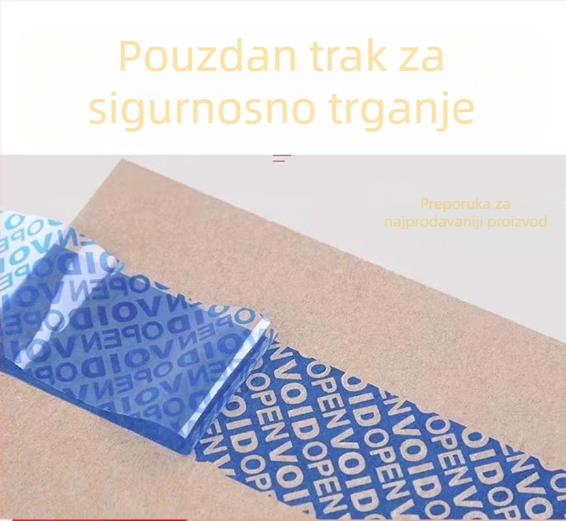 Traka za pakiranje protiv lažiranja s prilagodljivim sadržajem teksta, zaštita od falsifikata i otvaranja, debljina 50 μm, Bopp podloga, ljepilo na bazi ulja, viskoznost 12N, statičko trenje 1440 min