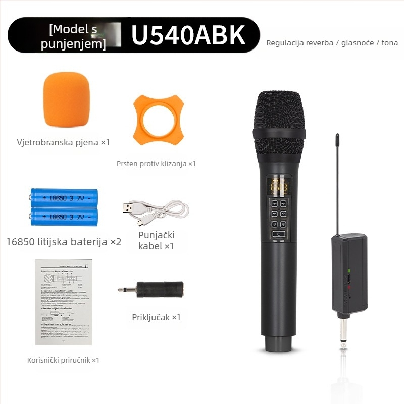 Mikrofon za KTV/uživo izvedbu, model U540B - frekvencijski odziv 20 Hz–20 kHz, SNR ≥95 dB, izmjenjiva baterija 1000–1200 mAh, trajanje baterije 3–6 sati