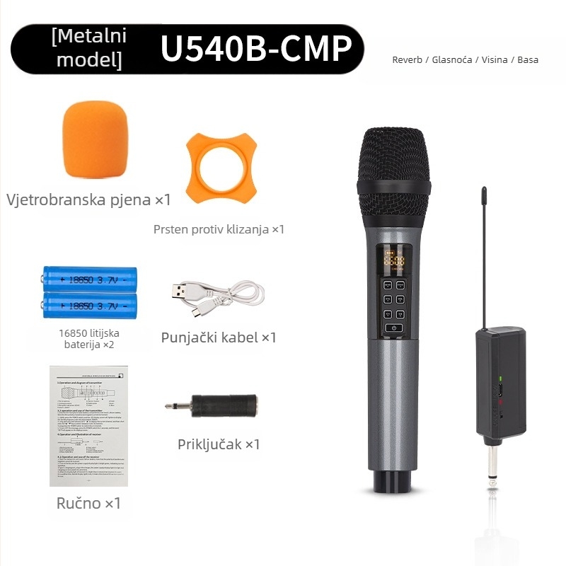 Mikrofon za KTV/uživo izvedbu, model U540B - frekvencijski odziv 20 Hz–20 kHz, SNR ≥95 dB, izmjenjiva baterija 1000–1200 mAh, trajanje baterije 3–6 sati