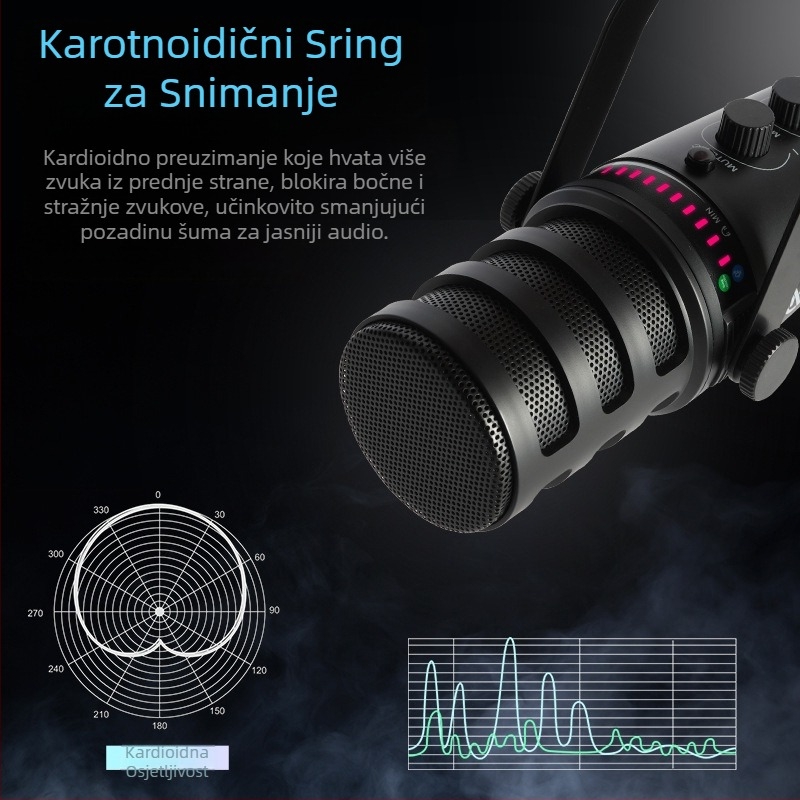 MV7 dinamički mikrofon za live emitiranje i profesionalno snimanje, kardioidni obrazac, frekvencijski raspon 60 Hz–15 kHz, omjer signala i šuma ≥85 dB, bez ugrađene baterije