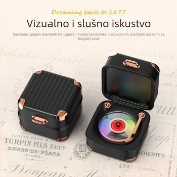 Retro Bluetooth zvučnik s TF karticom i mini vinil pločom, USB napajanje, 5W, Bluetooth 5.3, 40Hz-20kHz, SNR ≥60dB, ugrađena baterija 1000-1200mAh, višebojne LED diode