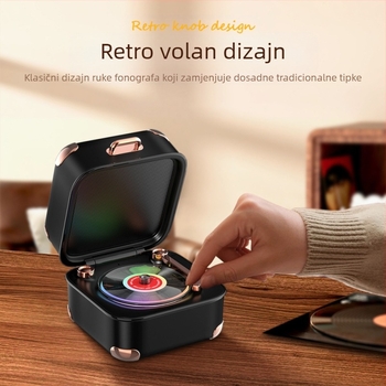 Retro Bluetooth zvučnik s TF karticom i mini vinil pločom, USB napajanje, 5W, Bluetooth 5.3, 40Hz-20kHz, SNR ≥60dB, ugrađena baterija 1000-1200mAh, višebojne LED diode