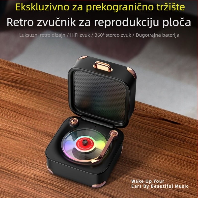 Retro Bluetooth zvučnik s TF karticom i mini vinil pločom, USB napajanje, 5W, Bluetooth 5.3, 40Hz-20kHz, SNR ≥60dB, ugrađena baterija 1000-1200mAh, višebojne LED diode