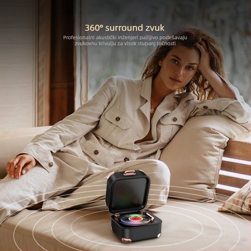 Retro Bluetooth zvučnik s TF karticom i mini vinil pločom, USB napajanje, 5W, Bluetooth 5.3, 40Hz-20kHz, SNR ≥60dB, ugrađena baterija 1000-1200mAh, višebojne LED diode