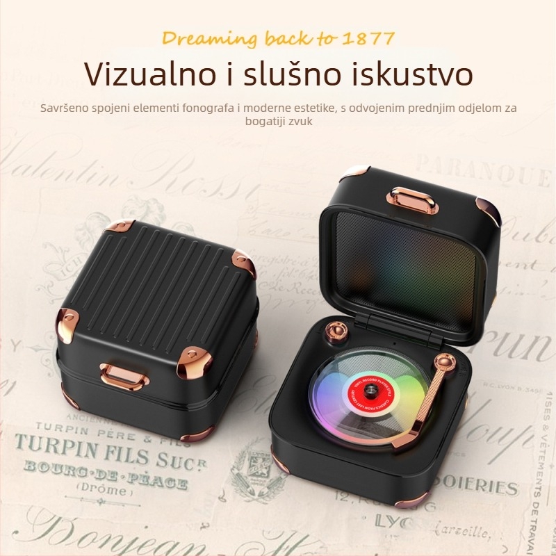 Retro Bluetooth zvučnik s TF karticom i mini vinil pločom, USB napajanje, 5W, Bluetooth 5.3, 40Hz-20kHz, SNR ≥60dB, ugrađena baterija 1000-1200mAh, višebojne LED diode
