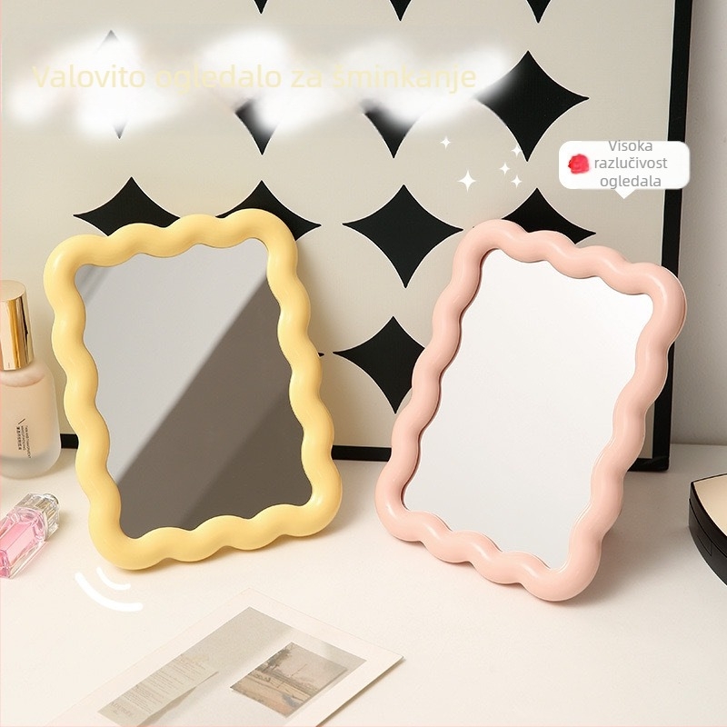 Stolno ogledalo za šminkanje, valovita kvadratna rama, plastična konstrukcija, bez električne energije, pogodno za dnevni boravak, spavaću sobu ili kupaonu