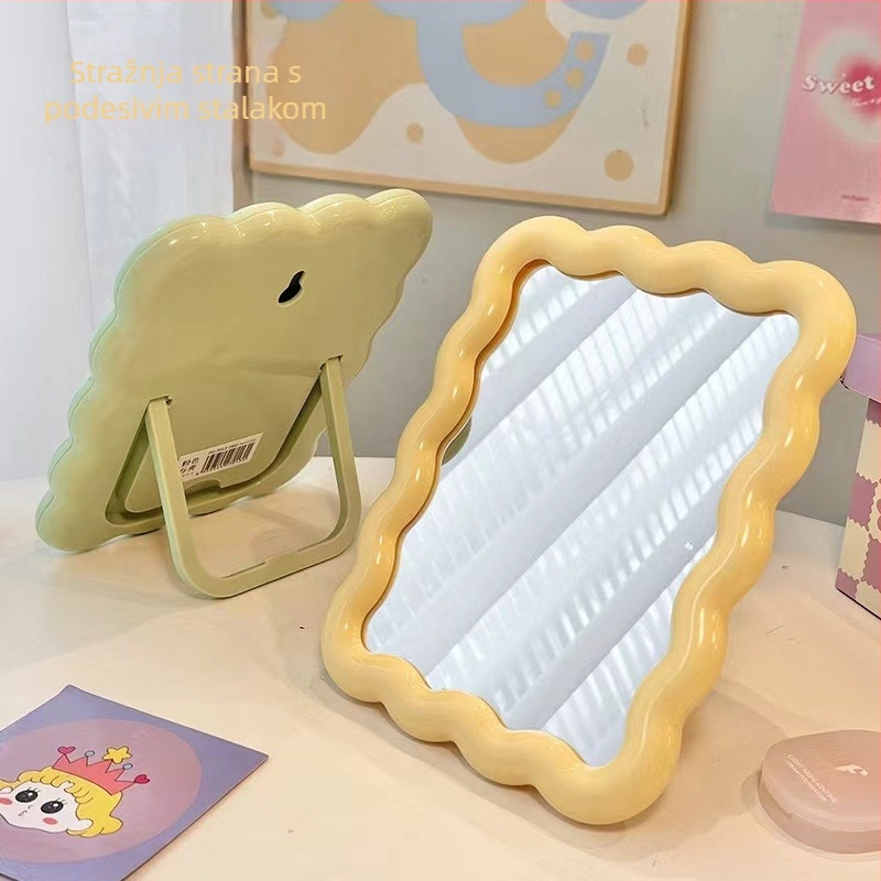 Stolno ogledalo za šminkanje, valovita kvadratna rama, plastična konstrukcija, bez električne energije, pogodno za dnevni boravak, spavaću sobu ili kupaonu