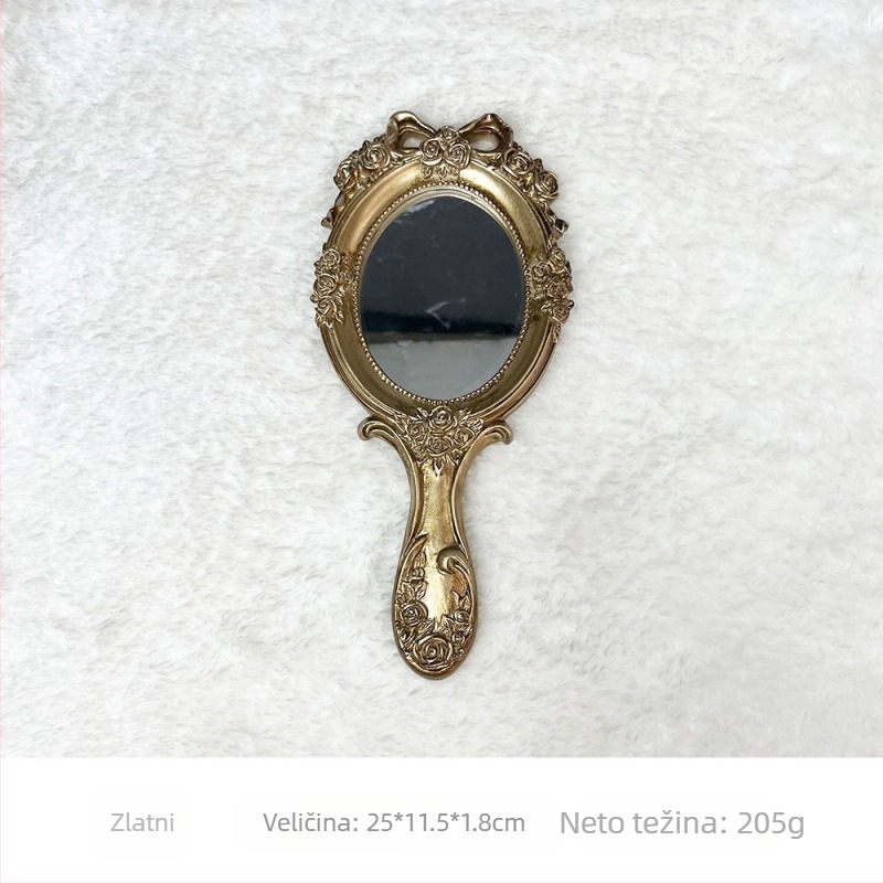 Ručno ogledalo s drškom, ovalnog oblika, europski retro Barok stil, okvir od smole, srebrno ogledalo.