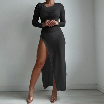 Plažni prekrivač za bikini s mrežastim materijom, okrugli izrez, duga prozirna suknja – Qin Zhu Clothing (Brand: Qin Zhu Clothing; Materijal: Poliester; Podstava: Spandex; Sadržaj materijala: 95% Poliester; Težina: 136 g)