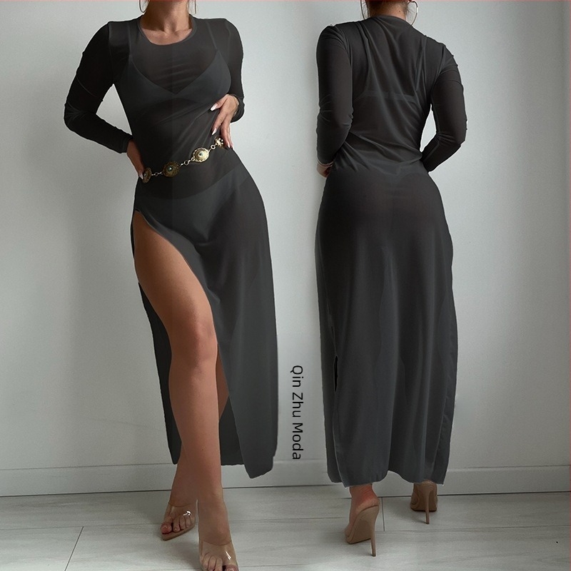 Plažni prekrivač za bikini s mrežastim materijom, okrugli izrez, duga prozirna suknja – Qin Zhu Clothing (Brand: Qin Zhu Clothing; Materijal: Poliester; Podstava: Spandex; Sadržaj materijala: 95% Poliester; Težina: 136 g)