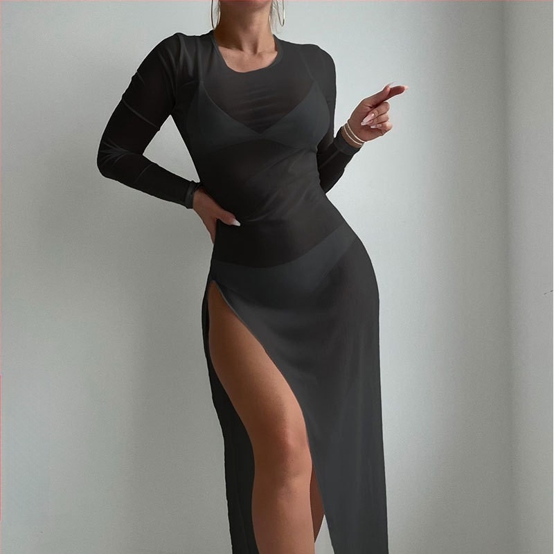 Plažni prekrivač za bikini s mrežastim materijom, okrugli izrez, duga prozirna suknja – Qin Zhu Clothing (Brand: Qin Zhu Clothing; Materijal: Poliester; Podstava: Spandex; Sadržaj materijala: 95% Poliester; Težina: 136 g)