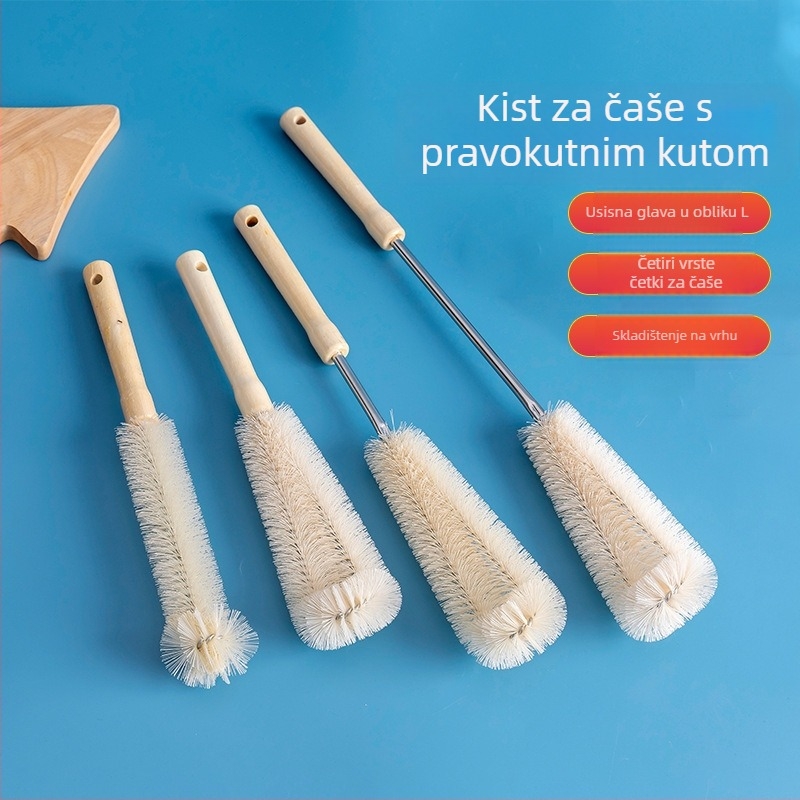 Četka za čišćenje čaša s dugom drškom, drvenom ručkom i najlonskim vlaknima – jednopojedinačni set za čišćenje čaša, boca i termosa