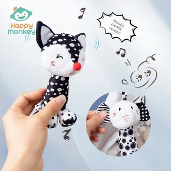 Plišani dječji igrač s vjetrovima zvončićima, žvačkalom i zvečkom – privezak za kolica, branda HAPPY MONKEY, za dob 0–3 godine