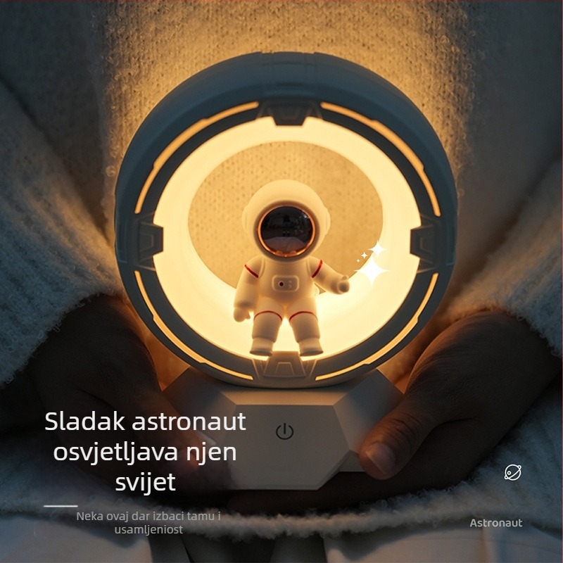 Noćna lampica s dizajnom astronauta za dječju sobu, PC abažur, ugrađena baterija, dodirni prekidač (Tip: Noćna lampica; Dizajn: Astronaut/Planeta; Materijal abažura: PC; Napajanje: Ugrađena baterija; Gumb: Dodirni)