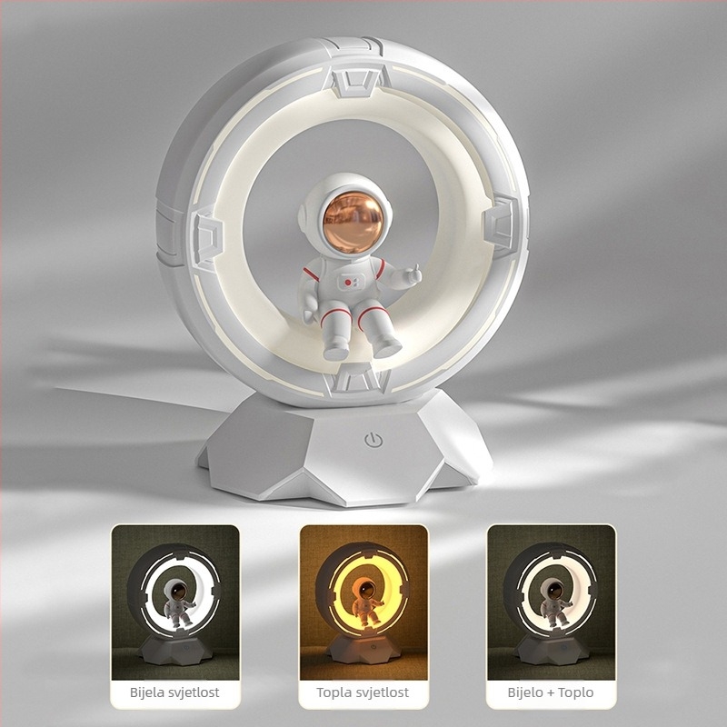 Noćna lampica s dizajnom astronauta za dječju sobu, PC abažur, ugrađena baterija, dodirni prekidač (Tip: Noćna lampica; Dizajn: Astronaut/Planeta; Materijal abažura: PC; Napajanje: Ugrađena baterija; Gumb: Dodirni)