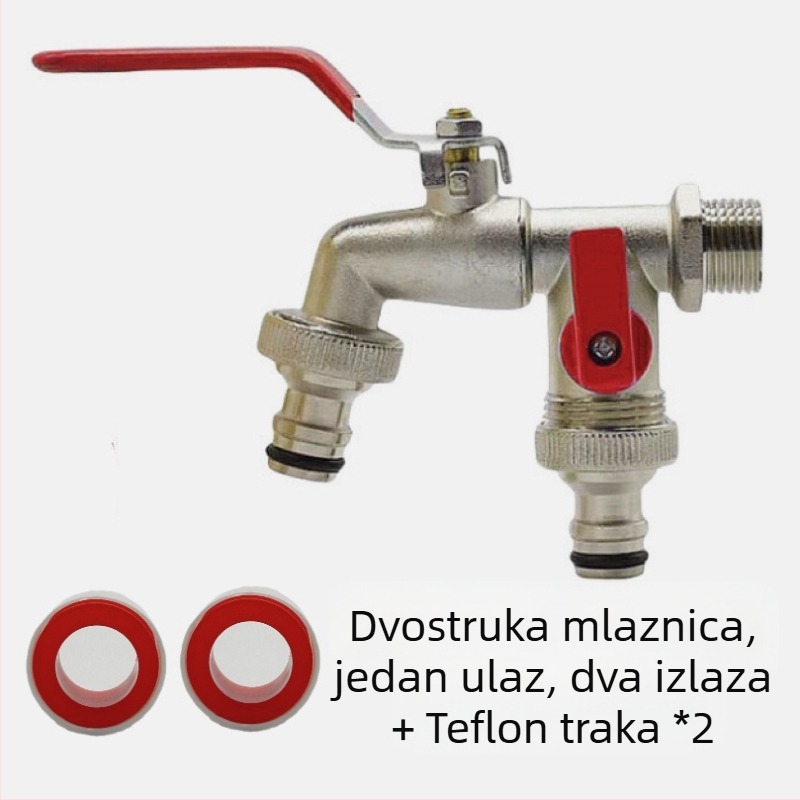 Vrtna slavina SZ-054 s dvostrukim izlazom — bakar, niklovani premaz, jednoručni dvostruki upravljanje, jednostavna ugradnja