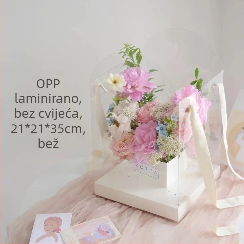 Kvadratna PVC prozirna kutija za cvijeće s ručkom, za poklon i pakiranje cvijeća, Model 07766, PVC + karton, 120 komada po kutiji