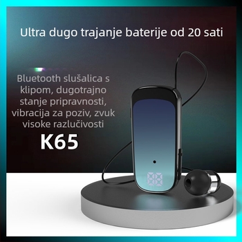 Nogou K65 Bluetooth slušalice s klipsom za ovratnik, uho u uho, digitalni zaslon, jednostrano, domet 10 m, IPX5, preko 8 sati baterije, Bluetooth 5.3