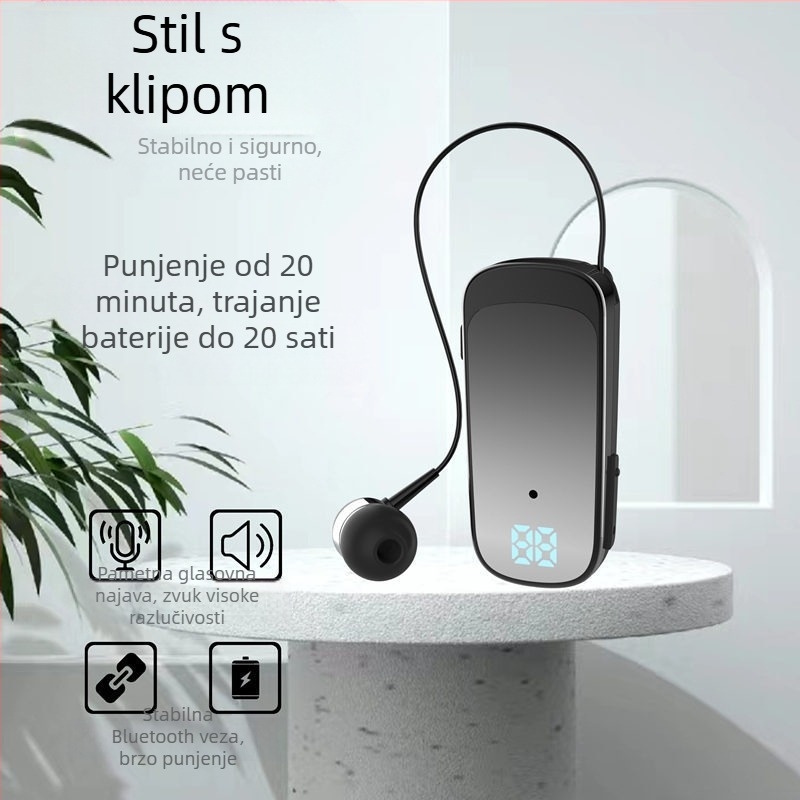 Nogou K65 Bluetooth slušalice s klipsom za ovratnik, uho u uho, digitalni zaslon, jednostrano, domet 10 m, IPX5, preko 8 sati baterije, Bluetooth 5.3