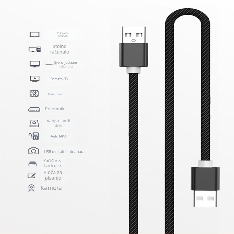 Pleteni USB-A-USB-A kabel za prijenos podataka, dvostruki kraj, dužina 1-2 m, USB 2.0, brzo punjenje