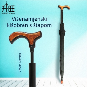 Višenamjenski štap kišobran za starije osobe, automatsko otvaranje, okvir od legure s 8 rebara, drška od čvrstog drveta, poliester 190T navlaka, UV zaštita UPF > 50