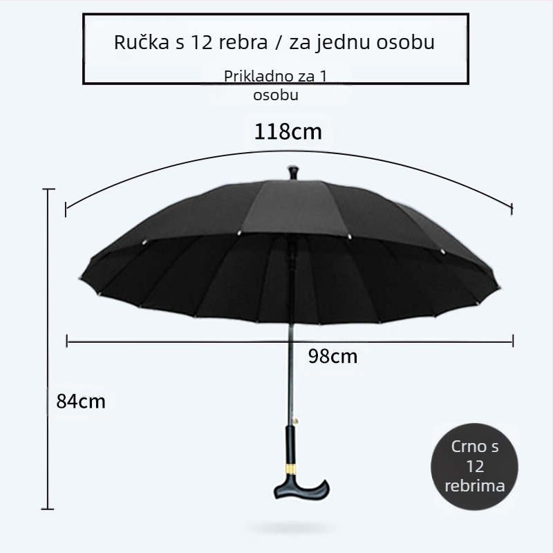 Višenamjenski štap kišobran za starije osobe, automatsko otvaranje, okvir od legure s 8 rebara, drška od čvrstog drveta, poliester 190T navlaka, UV zaštita UPF > 50