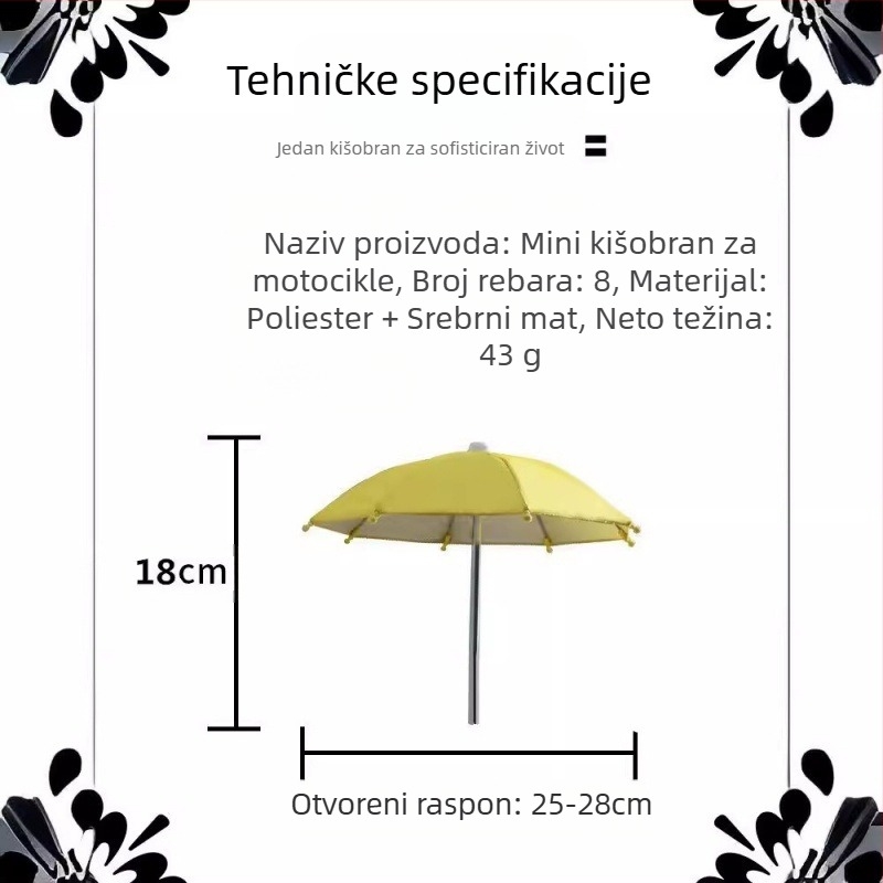 Mini kišobran bez drške za zaštitu od sunca, 8 rebara od željeza, platno od poliestera 210T, UPF > 50