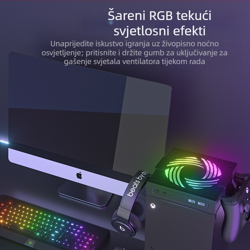 Ventilator za hlađenje Xbox Series X s RGB osvjetljenjem, dizajn otporan na prašinu, napajanje preko USB-a, automatsko podešavanje protoka zraka i montažni kuk.