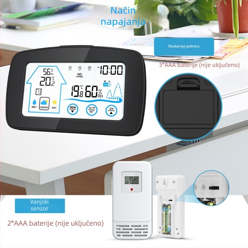 Budilica s podsvijetljenim dodirnim zaslonom, bežični unutarnji/vanjski mjerni termometar i vlaga, digitalni LCD zaslon i meteorološki sat
