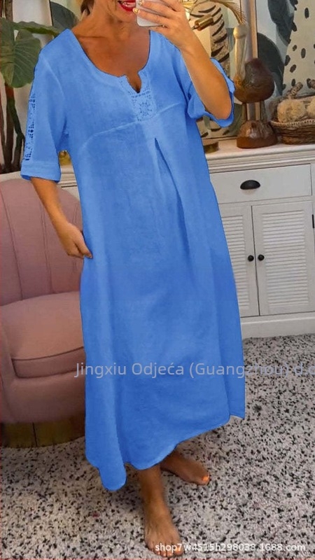 Čipkasta haljina s V izrezom, 3/4 rukavima, srednja duljina suknje, torta stil suknje, poliester
