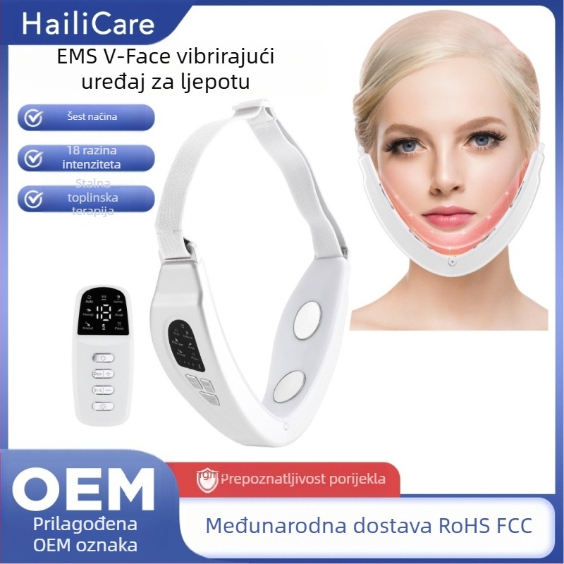 EMS mikrostrujni masažni uređaj za lice s daljinskim upravljačem za podizanje i oblikovanje V‑oblika lica; funkcije: negativni joni, infracrveno i obojeno svjetlo; ugrađena baterija 300–500 mAh; IPX4 vodootpornost.