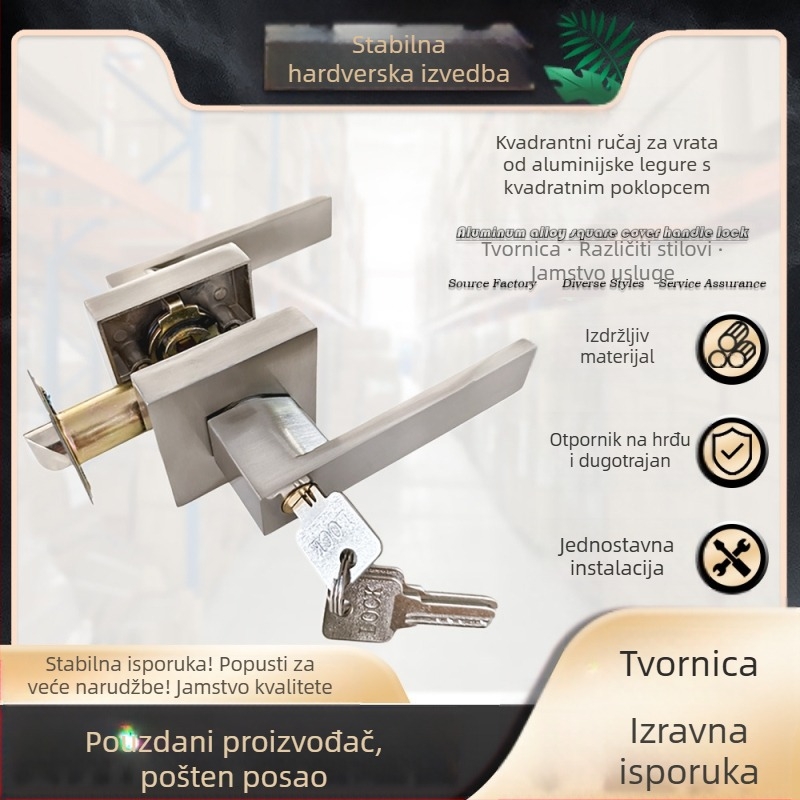 Brava za vrata s ručkom od aluminijske legure – kvadratno kućište, čvrsta izvedba, tro-polni mehanizam, za spavaće sobe i kupaonice