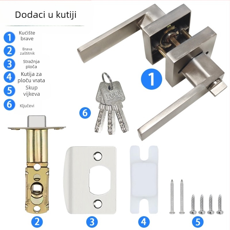 Brava za vrata s ručkom od aluminijske legure – kvadratno kućište, čvrsta izvedba, tro-polni mehanizam, za spavaće sobe i kupaonice