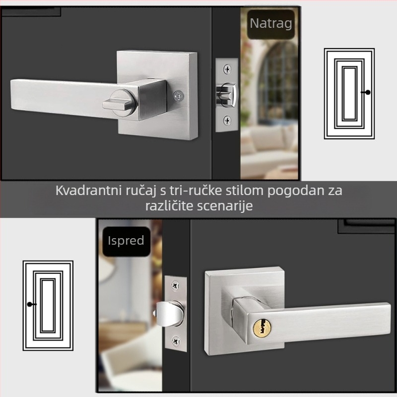 Brava za vrata s ručkom od aluminijske legure – kvadratno kućište, čvrsta izvedba, tro-polni mehanizam, za spavaće sobe i kupaonice