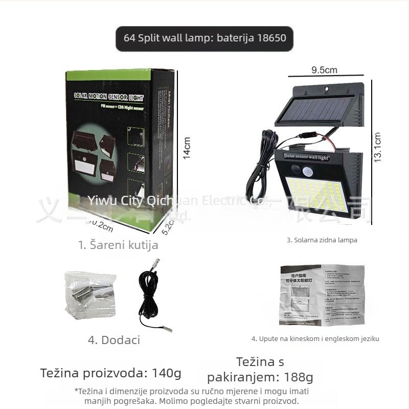 Solarna zidna LED svjetiljka s senzorom pokreta, IP65, 10W, trajanje 6–12 sati