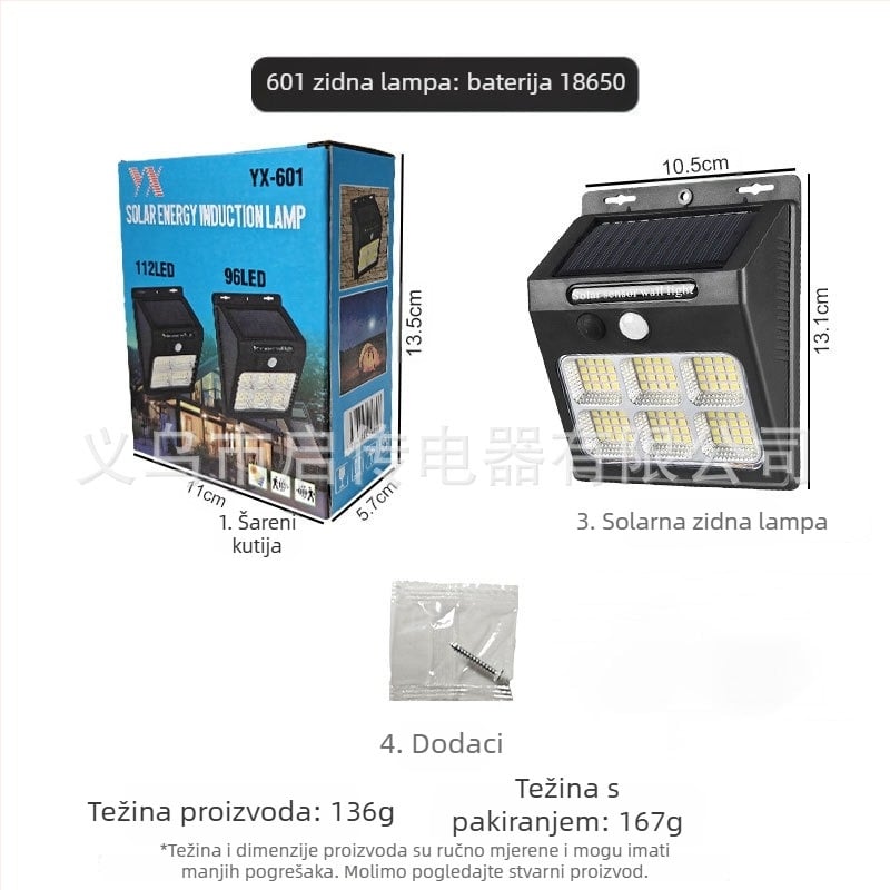 Solarna zidna LED svjetiljka s senzorom pokreta, IP65, 10W, trajanje 6–12 sati