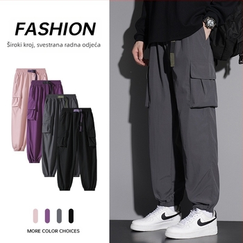 Muške casual radne hlače s ravnim krojem, srednje visine, s pojasom i prednjim vezivanjem, tkanina od laneno-sintetičke mješavine, pogodne za proljeće i jesen