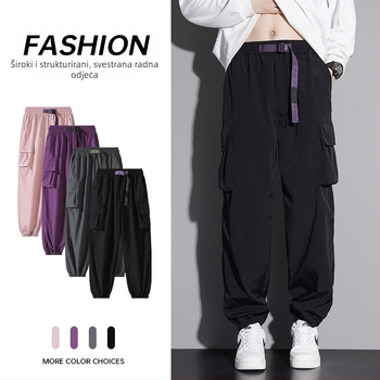 Muške casual radne hlače s ravnim krojem, srednje visine, s pojasom i prednjim vezivanjem, tkanina od laneno-sintetičke mješavine, pogodne za proljeće i jesen