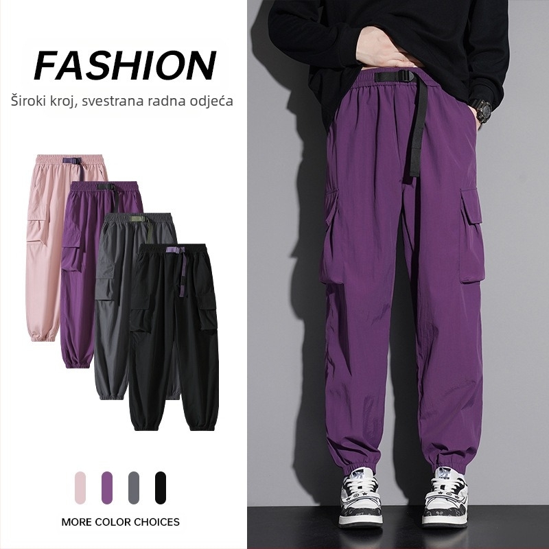 Muške casual radne hlače s ravnim krojem, srednje visine, s pojasom i prednjim vezivanjem, tkanina od laneno-sintetičke mješavine, pogodne za proljeće i jesen