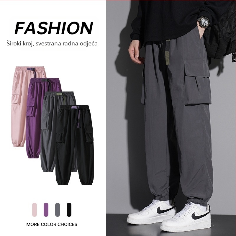 Muške casual radne hlače s ravnim krojem, srednje visine, s pojasom i prednjim vezivanjem, tkanina od laneno-sintetičke mješavine, pogodne za proljeće i jesen