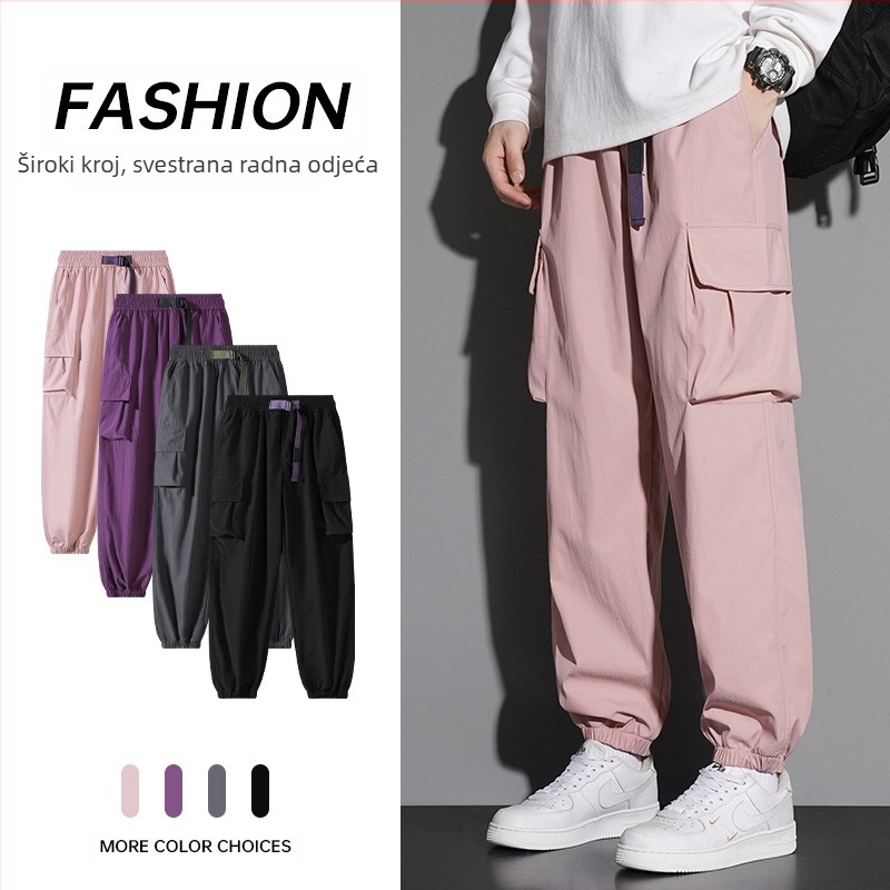 Muške casual radne hlače s ravnim krojem, srednje visine, s pojasom i prednjim vezivanjem, tkanina od laneno-sintetičke mješavine, pogodne za proljeće i jesen